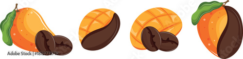set of themed icons on the theme of various coffee flavors, namely a combination of coffee and ripe mangoes of various shapes, for cafes, restaurant menus or stickers