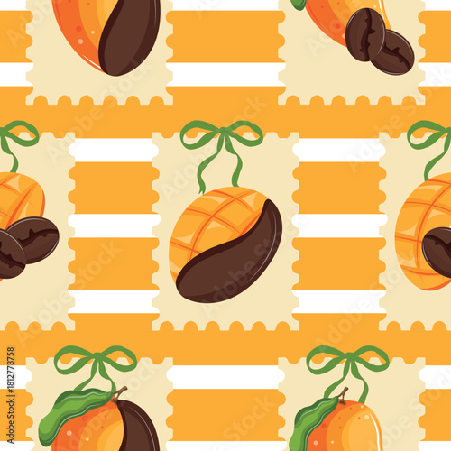 seamless pattern on the theme of various coffee flavors, namely a combination of coffee and ripe mango in light stamps on a striped background