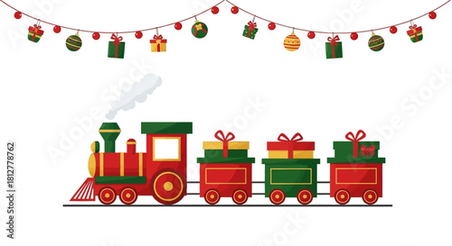Colorful Whimsical Christmas holiday train train pulling festive gifts filled wagons with garland and ornaments, perfect for holiday projects and children's designs with a touch of holiday magic
