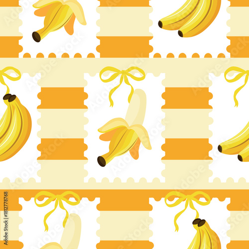 seamless pattern with yellow bananas arranged in the shape of a stamp on a yellow background, for packaging, backgrounds, textiles or other printing