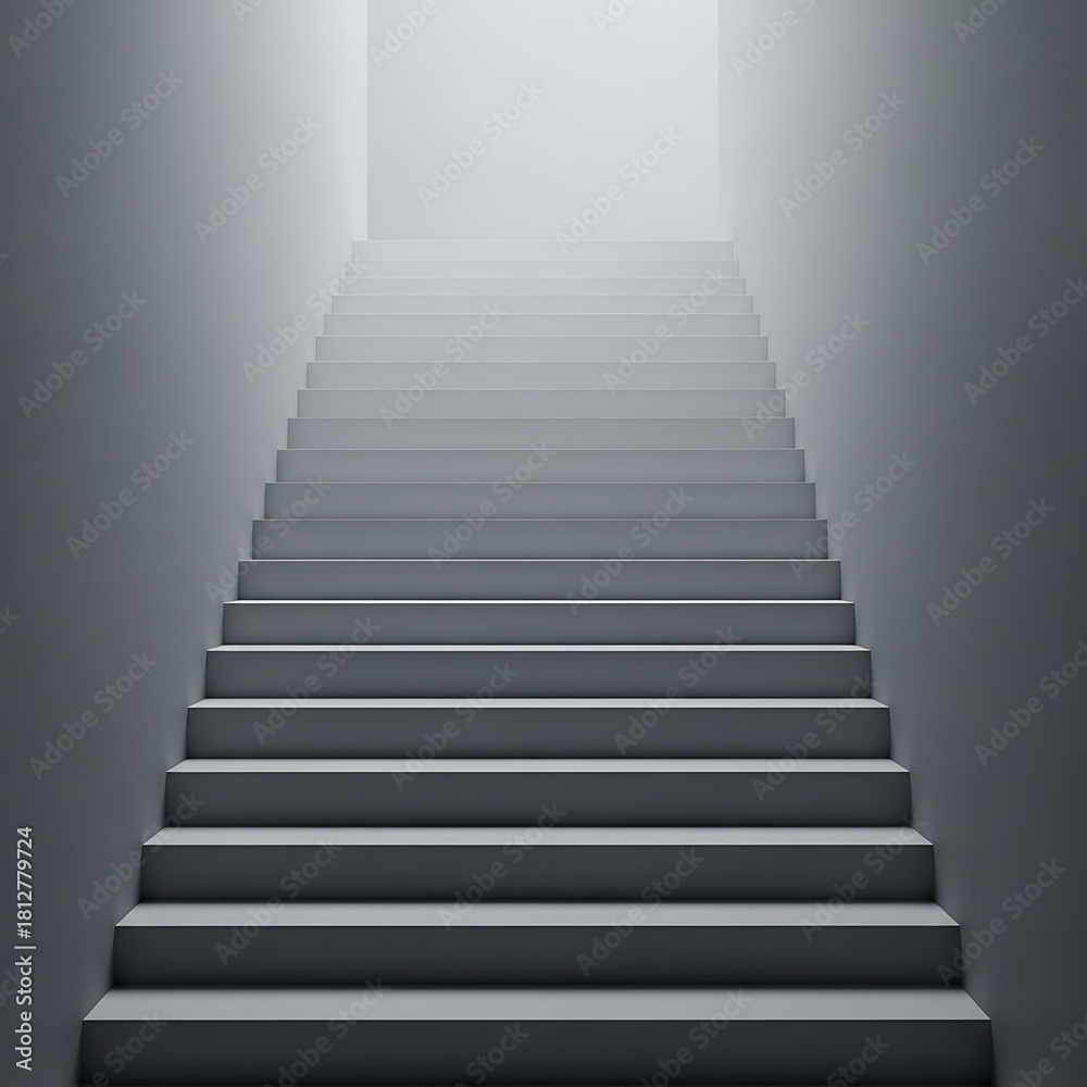 Fototapeta premium Minimalist staircase ascending toward ethereal light in gray toned render