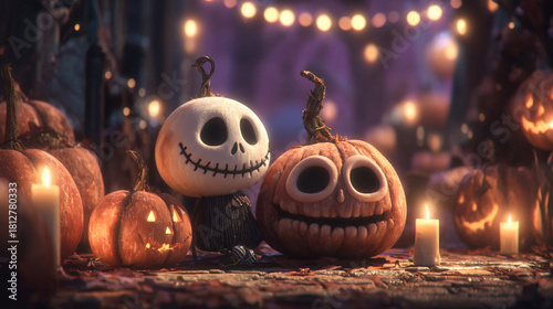 Festive Halloween Gathering: A charming and spooky scene unfolds, with grinning pumpkins and character, bathed in the soft glow of candlelight and festive string lights.