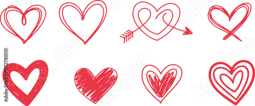Collection of eight hand-drawn red heart designs with sketchy, detailed elements, emotion concept.