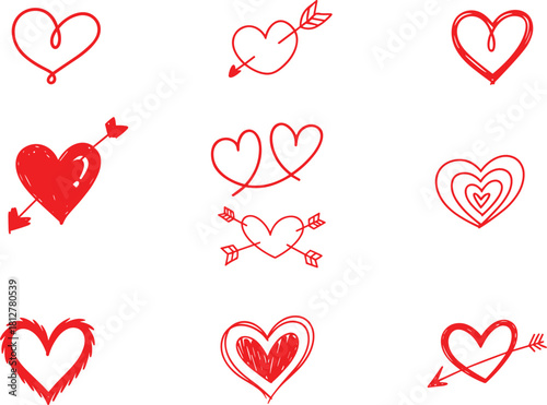 Collection of hand-drawn red heart designs with arrows and crossed arrows