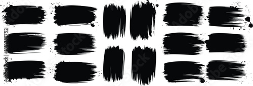 Set of 16 black paint brush strokes with thick texture and splatters