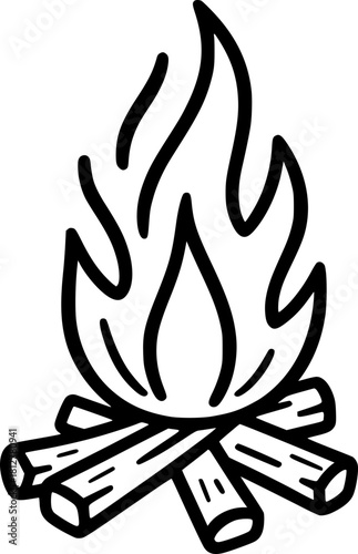 Campfire with flames and wooden logs in outline style  