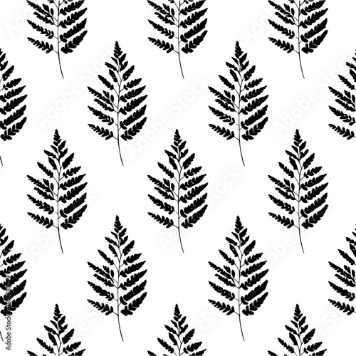 Seamless botanical pattern featuring black fern fronds scattered across a white background design element