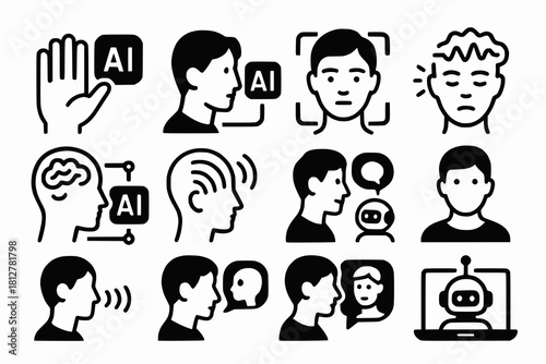 AI Icons Focused on Human-Machine Interaction with Gesture Control, Emotion Recognition, Brainwave Analysis and Avatar Communication in Black Minimalist Style on White Background