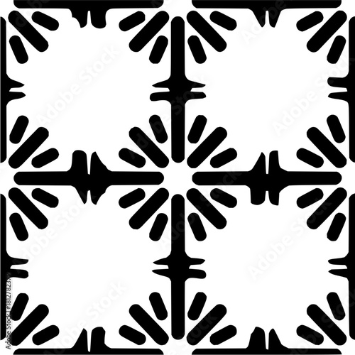 A black and white seamless pattern featuring stylized floral elements and geometric shapes arranged symmetrically