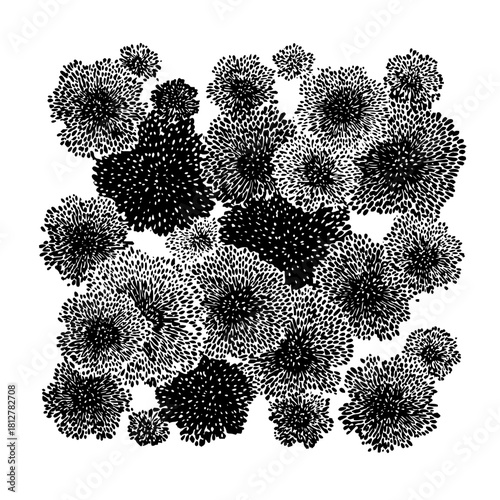 A dense arrangement of stylized floral shapes in black and white creating a textured pattern look artistic