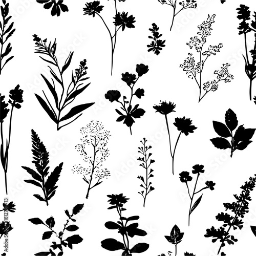 Seamless botanical pattern featuring black silhouettes of various flowers and plants on a white background
