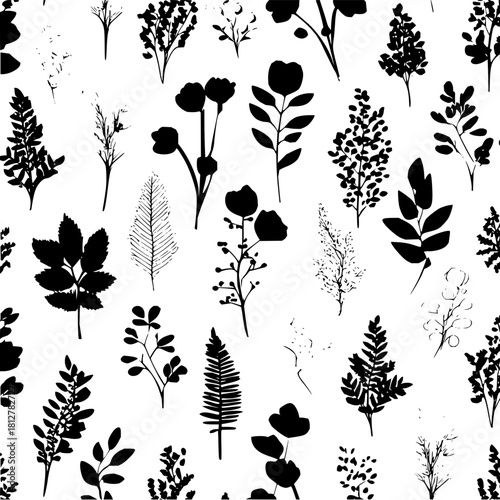 Seamless pattern of black botanical silhouettes on a white background, foliage and floral elements