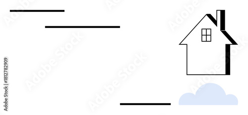 Minimal house with a chimney, window, and soft cloud beside it, with sleek horizontal lines. Ideal for architecture, real estate, simplicity, homeownership minimalism stability balance. Simple