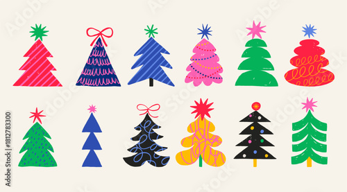 Hand drawn Christmas trees collection in retro style