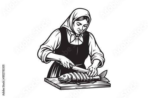Woman in headscarf and apron prepares fish on a wooden board