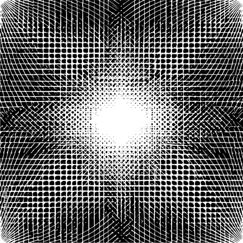 Abstract black and white halftone grid pattern with radiating lines and central light area design