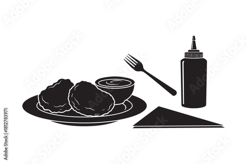 Black and white illustration of fried food with condiments and utensils