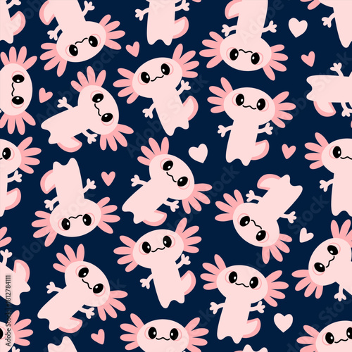 Cute Axolotls seamless pattern with playful amphibian characters and hearts on dark background.
