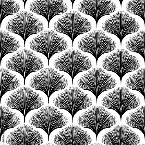 Seamless pattern of stylized ginkgo leaves in black and white creating a dense and decorative design