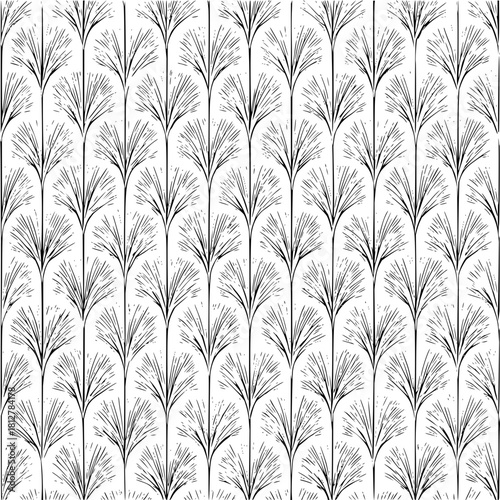 Repeating pattern of stylized black tree branches on a white background creates a dense forest design
