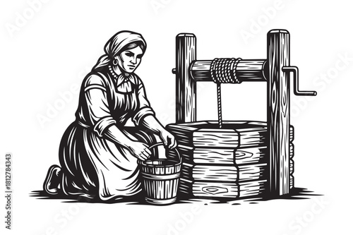 Woman drawing water from a well with a bucket and crank