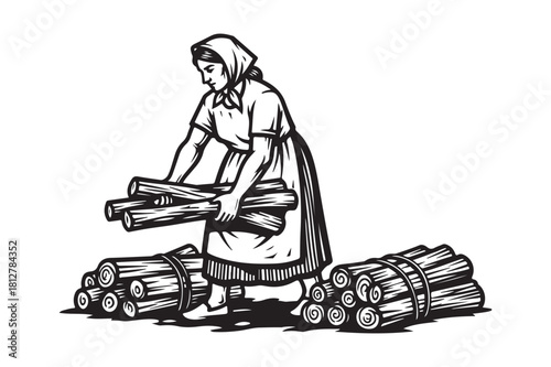 Woman gathering firewood in a rural setting