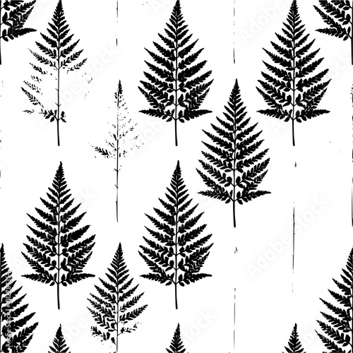 Seamless pattern of black fern silhouettes on a white background creating a natural, botanical design