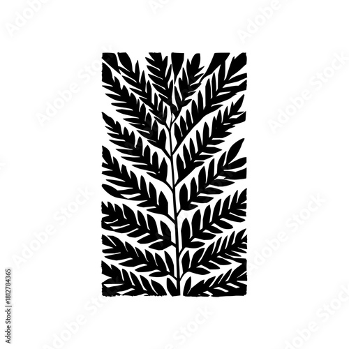Illustration of a stylized plant with alternating leaves in a rectangular black and white design format