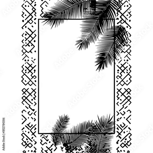 Palm fronds framing a white rectangle with tribal patterns on the sides in black and white design