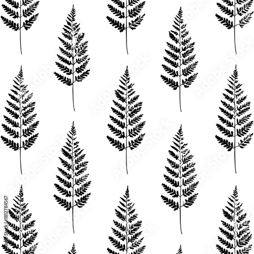 Seamless pattern of black fern fronds arranged vertically on a white background creating a botanical design