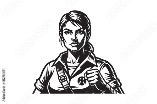 Determined woman warrior in black and white illustration