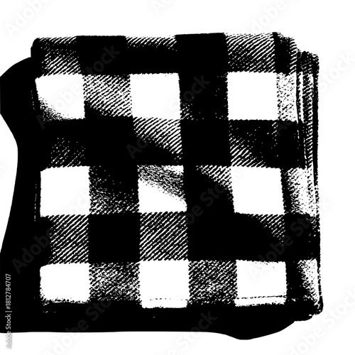 Illustration of a folded black and white checkered blanket with visible fabric texture and shadow effect