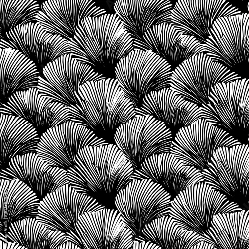 Black and white pattern featuring stylized fan shapes with radiating lines in a dense arrangement
