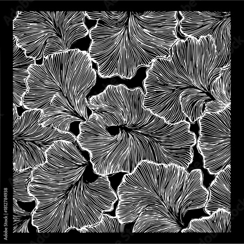 Abstract floral pattern with white swirling petals on a black background creating a dense arrangement