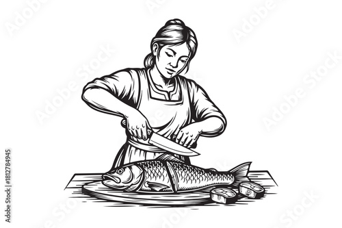 Woman preparing a large fish on a wooden board