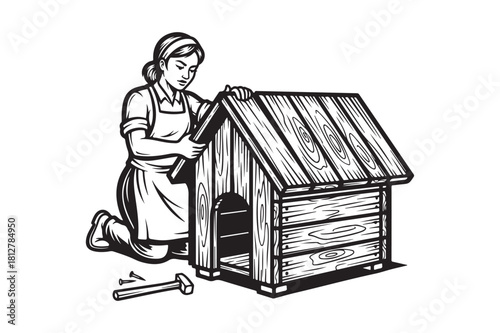 Woman assembling a wooden dog house with tools