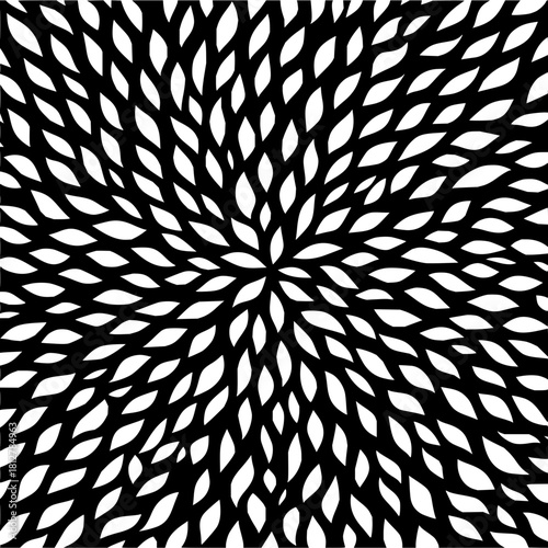 Abstract radial pattern of white leaf shapes on a black background creating a burst effect design element