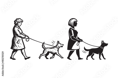 Two women walking dogs on leashes in a stylized illustration