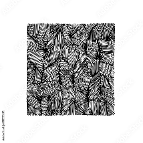 Abstract black and white pattern featuring densely packed organic shapes with linear details forming waves