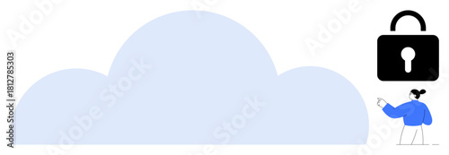 Large blue cloud with a black padlock and a person pointing at it, symbolizing cloud storage safety and online security. Ideal for technology, privacy, data protection, cybersecurity, backup, online