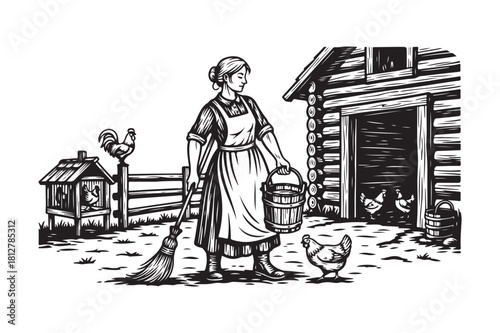 Woman with lantern and chickens on a farm