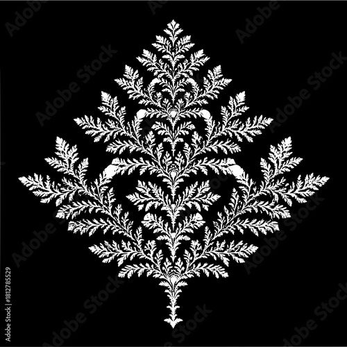 Intricate white fern like pattern on a black background forming a diamond shape symmetrical design art