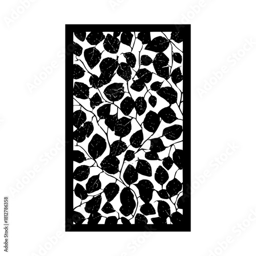 Black and white illustration of a rectangular panel filled with dense leaf and branch pattern design