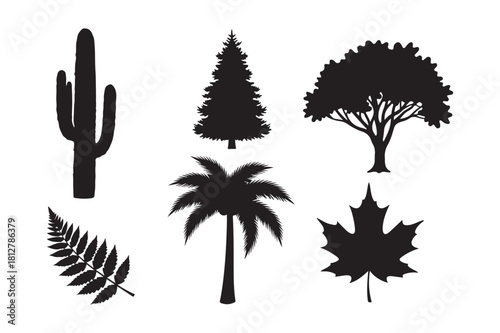 Diverse silhouette collection of trees and plants