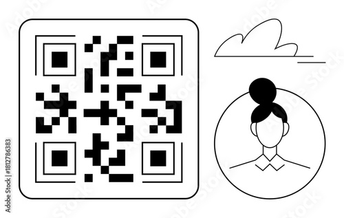 QR code beside circular user profile icon and cloud motif, merging digital identity, marketing, and tech. Ideal for networking, apps, virtual ID, security, verification simple flat metaphor