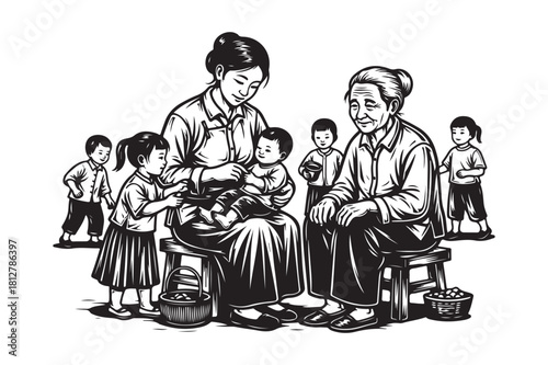 Generations of women sharing stories and family traditions