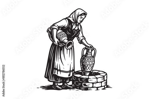 Woman drawing water from a well with a jug