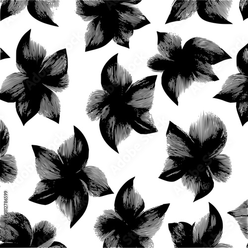 Seamless pattern of black and white floral design with stylized flowers and line art textures design