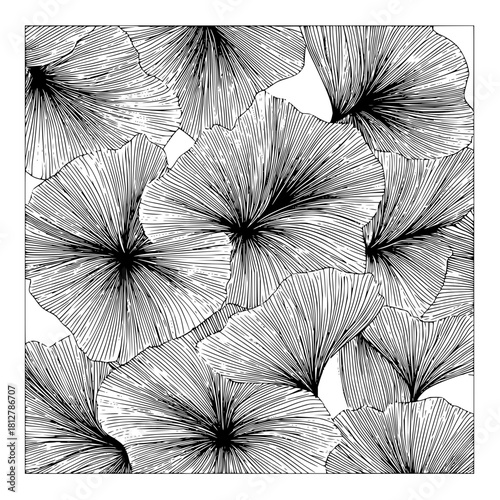 Detailed line art illustration of overlapping ginkgo leaves in a dense and intricate pattern design style