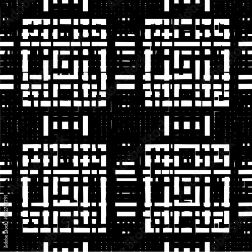 Complex geometric pattern featuring black and white lines forming grid like structures and square shapes all over